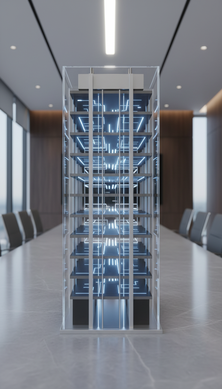 A transparent, architectural model of a gleaming enterprise office tower, made from glass and matte anodized aluminum, positioned centrally on a smooth, neutral grey tabletop in a boardroom with subtle marble details. The model features intricate, circuit-like pathways running through its floors, symbolizing the flow of technology. Gentle overhead LED lighting creates refined highlights and fades gracefully into soft shadows, evoking clarity and strategic insight. The composition is a sharply focused, straight-on view with balanced symmetry and minimal distractions. The image exudes a forward-thinking, analytical mood in a photographic, polished corporate style.