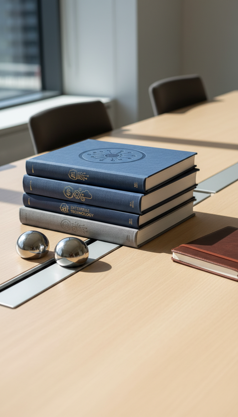 A pristine stack of hardcover business books with textured navy blue and graphite grey bindings, precisely aligned atop a minimal, light wood conference table. The books’ covers display subtle embossed icons representing AI, digital banking, and enterprise technology—no text or branding. Surrounding the stack are orderly placements of polished stainless steel paperweights and a neatly closed leather-bound notebook. Daylight from a large, unseen window bathes the scene with clear, soft light, creating crisp shadows and pronounced highlights. Photographed at a low, slightly side-on angle that emphasizes structure and professionalism, the mood is intellectually focused and businesslike within a clean, modern consulting environment.