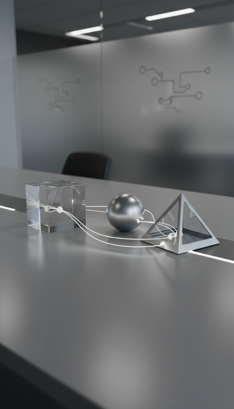 A set of interconnected geometric shapes—cube, sphere, and pyramid—crafted from clear acrylic and brushed metal, arranged meticulously on an uncluttered, matte grey desktop. Fine white lines connect the shapes, resembling a stylized network or decision pathway. The environment is a modern executive workspace, featuring a frosted-glass partition in the background with faint, abstract icons representing data flow. Bathed in soft, indirect LED light, the objects cast crisp, defined shadows and subtle reflections, emphasizing order and logic. Captured from a high angle using rule-of-thirds composition, the atmosphere is purposeful and analytical, fitting a site focused on decision-making in tech and business.
