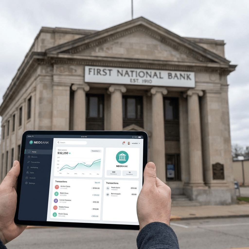 Tablet displaying NEOGANK app held in front of First National Bank building.