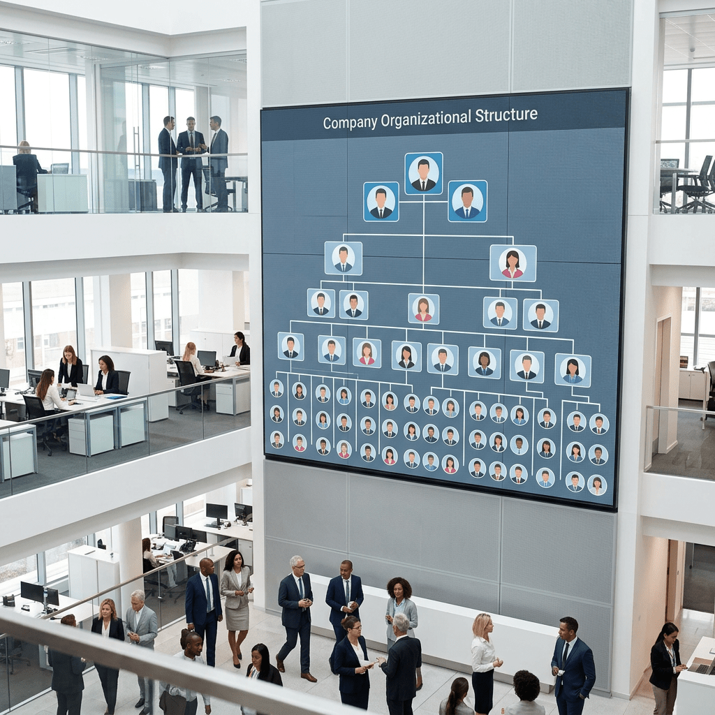 Corporate organizational structure chart displayed on a large screen in office lobby