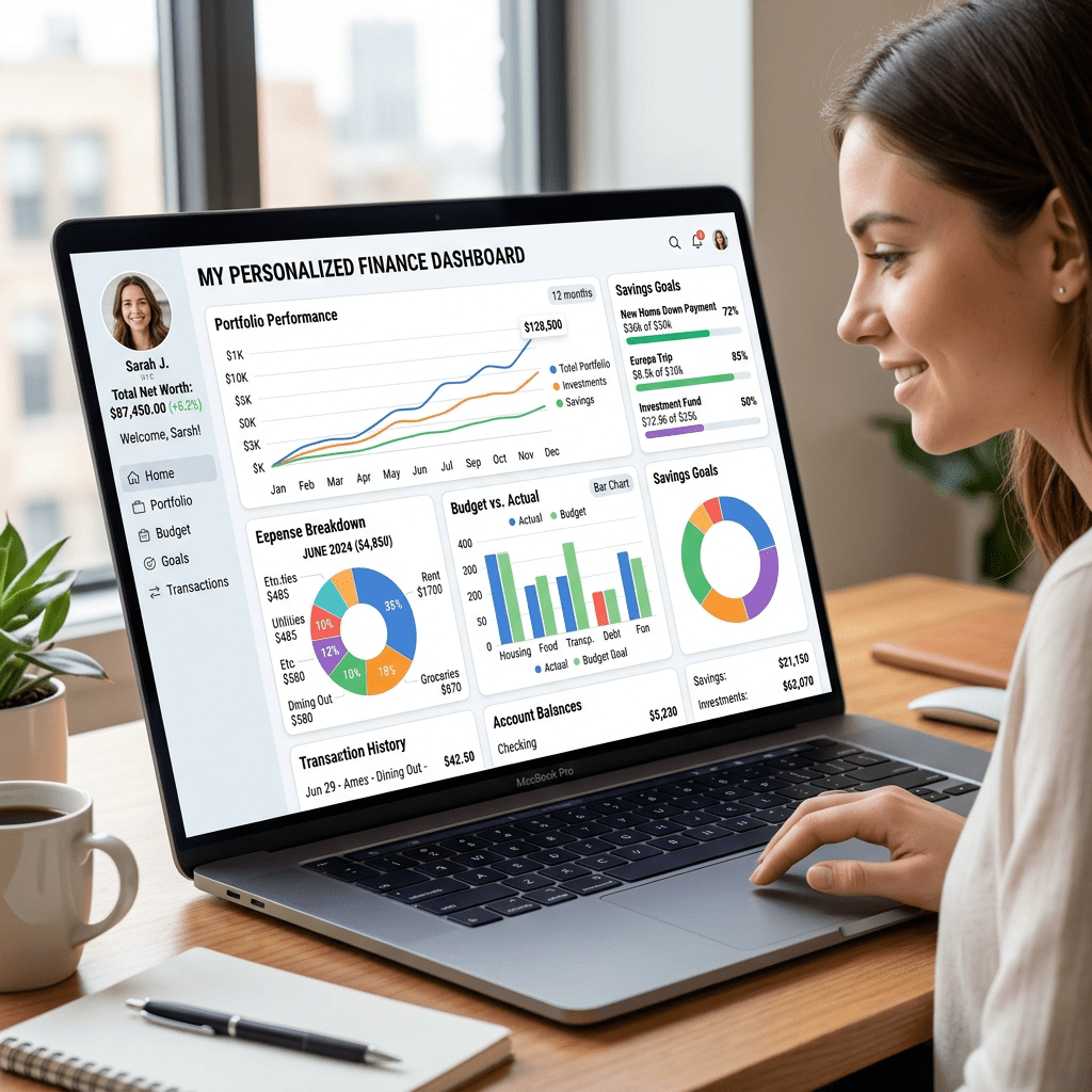 Woman using a laptop showing a personalized finance dashboard with charts and savings goals
